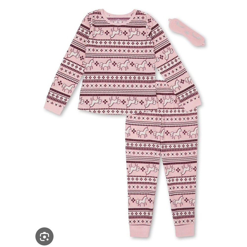 Girls Unicorn 3 pc Sleep Set Pajama Pant Top Mask Pink Large 10/12 Plus‎